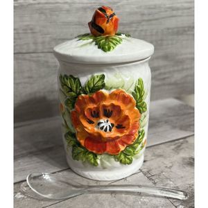 Vintage Geo Z Lefton Small Sugar Jam Jar Orange Poppy 5" w Spoon
